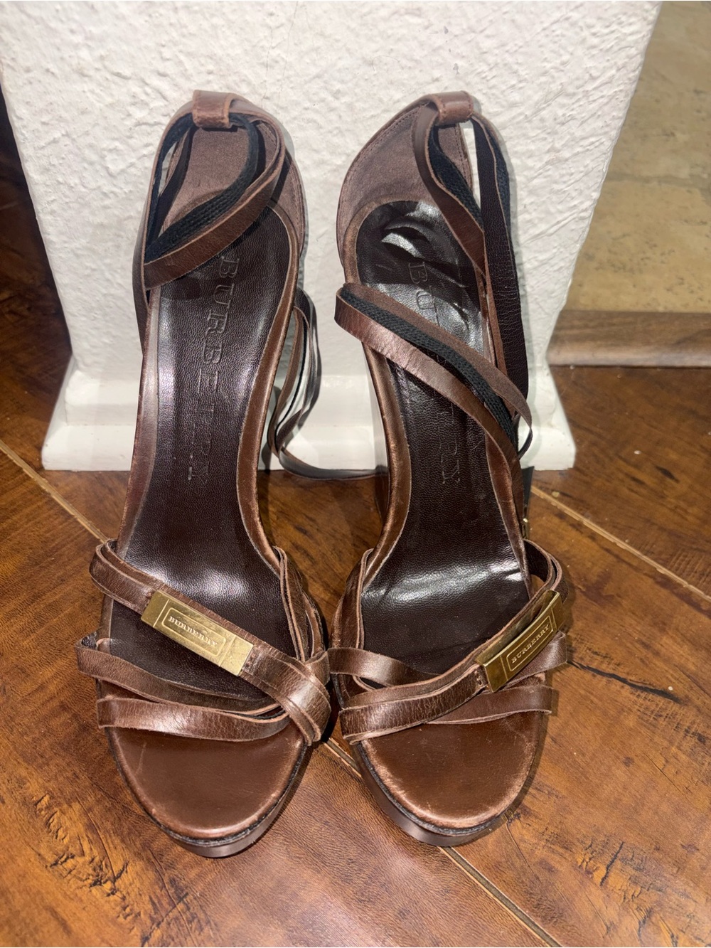 Burberry Brown Leather Strappy High-Heel Sandals with Gold Plaque
